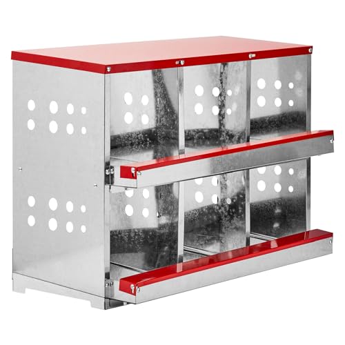 Chicken Nesting Boxes for Laying Eggs, 2-Tier 6 Compartment Roll Out Ducks Poultry Hens Nest Box with Lid Cover, Rolling Egg Collection Protection Chicken Coop for 6 Up to 24 Chickens, Silver and Red