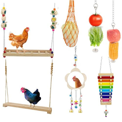Chicken Toys for Coop 8 Set Chicken Swing Chicken Xylophone Mirror, Vegetable Hanging Feeder for hens