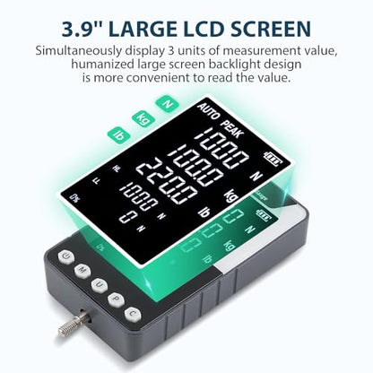 1000N Digital Force Gauge Push Pull Meter with USB Output | 3.9 Inch Large Display Multi Units N Kg Lb Calibration Certificate Included for Tension Compression Destructive Testing