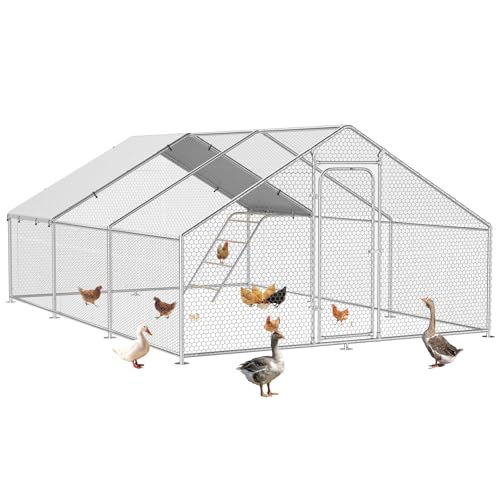 Large Metal Chicken Coop Run with Roosting Perch, Outdoor Waterproof and UV-Resistant Cover for Chickens, Ducks, Rabbits, and Hens in Yard or Farm Use Spire Roof (13.1'Wx19.7'Lx 6.5'H) - size: 236.0"L x 157.5"W x 78.0"H