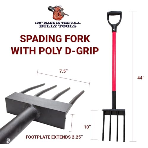 Bully Tools Spading Fork with D-Grip, Heavy Duty Garden Fork for Digging, Aerating and Harvesting Root Crops, 44" Fiberglass Handle, Ideal for Garden Beds and Pavers Base Prep, 100% Made in USA