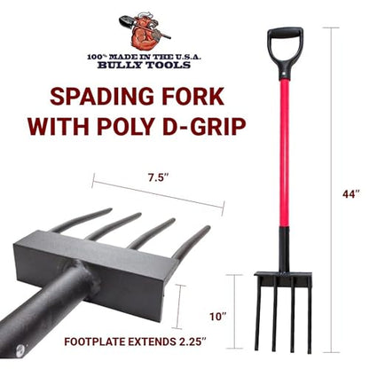Bully Tools Spading Fork with D-Grip, Heavy Duty Garden Fork for Digging, Aerating and Harvesting Root Crops, 44" Fiberglass Handle, Ideal for Garden Beds and Pavers Base Prep, 100% Made in USA