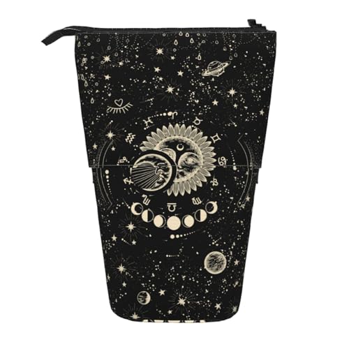 Moon and Sun Standing Pencil Case Cute Telescopic Stationary Pouch with Zipper Large Capacity Stand up Pen Bag Portable Makeup Holder for School Office Supplies - color: Moon and Sun
