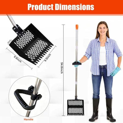12inch Width Heavy Duty 2-in-1 Chicken Poop Scooper & Rake, Stainless Steel Chicken Coop Litter Sifting Shovel with Ergonomic Grip & Adjustable Angle, Sand Scoop for Coop, 37-54 Inch (12inch) - size: 12inch