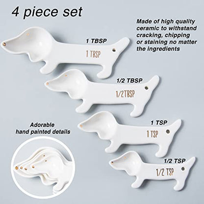 VOTUM White Dachshund Ceramic Measuring Spoon Set – Set of 4 Cute Weiner Dog Themed Kitchen Baking Tools – Gift for Dog Lovers - color: Dog Measuring Spoons