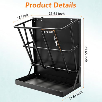 2-in-1 Wall Mount Goat Hay Feeder Rack with Grain Tray, Heavy-Duty Galvanized Steel Livestock Feeder for Goats Sheep Horses - color: Black