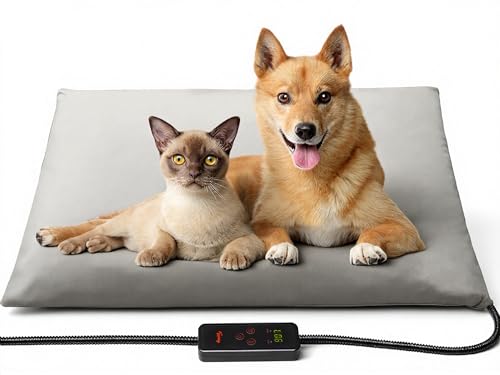 Toozey Large Heated Pet Mat 35x24 in - Waterproof, Chew Resistant, 6 Temp Settings with Timer, Indoor Use for Dogs and Cats - color: Grey, size: 35.0"L x 24.0"W x 0.6"Th