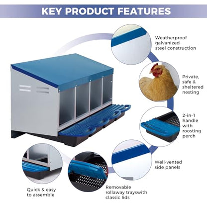4 Compartments Chicken Nesting Box – Roll Away Metal Egg Laying Boxes with Lid Cover, Easy Egg Collection & Ventilated Design for Hens, Ducks – Durable Hen Roosting Box for Coop