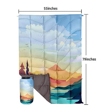 Outdoor Puffy Camping Blanket, Lightweight Down Alternative Puffy Printed Camping Large Ultra Warm Hammock Top Quilt Waterproof Blanket for Traveling Picnic Beach Party Cold Weather (Sunset) - color: Sunset