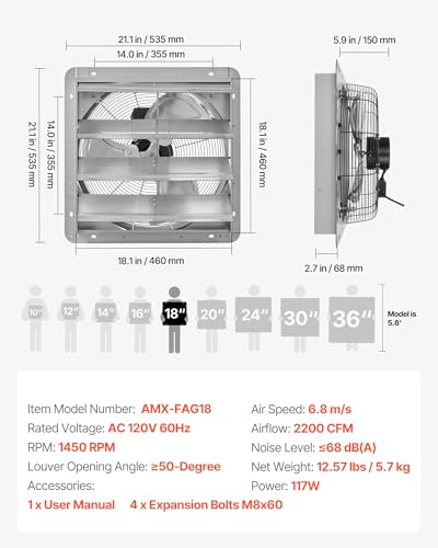 VEVOR 18'' Exhaust Fan, Wall Mounted Attic Fan with Variable Speed, 2200 CFM, Automatic Shutter, Ventilation and Cooling, Silver, Fan Only - size: 18 Inch