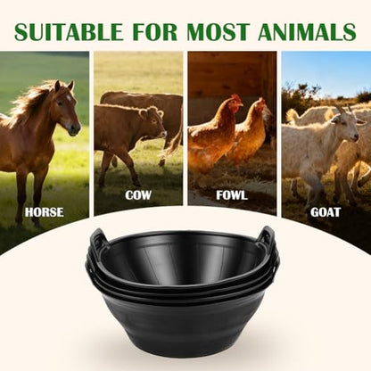 4pack Rubber Feed Pan for Horses, Goats, Pigs – 12 Quart/3 Gallon Heavy Duty Livestock Feeder, Chicken Dust Bath Tub Included – Farm Animal Feeding Bowl