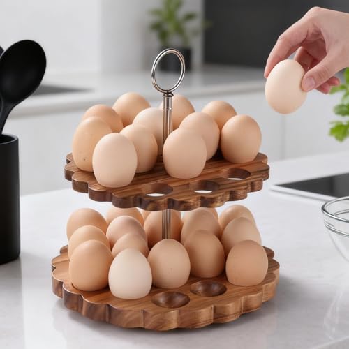 Acacia Wooden Double Layer Egg Holder for 32 Fresh Eggs, Modern Countertop Egg Storage Rack, Fits Chicken, Duck, Turkey Eggs - color: natural