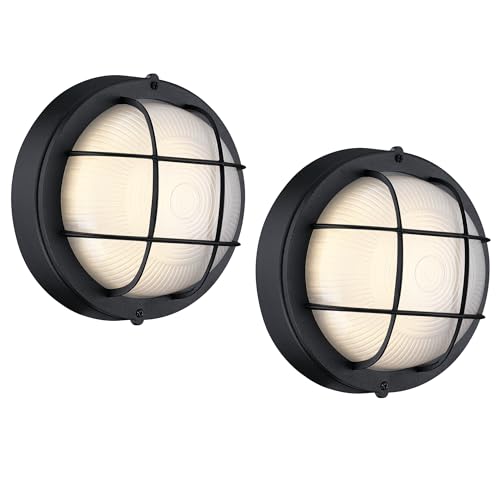 Round Bulkhead Light, Outdoor LED Nautical and Sauna Lamp | Dimmable, 8.0 Inch 1500 Lumen 3000K, Aluminum, Glass, Water-proof Wall Lantern Light for Patio, Porch, Garage, Black, 2-Pack - color: 3000K Black, size: 2pk-round