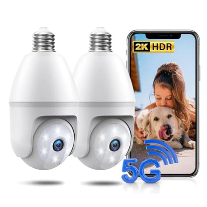 Light Bulb Security Camera 2 Packs, 5G&2.4GHz 2K Security Cameras Wireless Outdoor 360° PTZ Cameras for Home Security with Color Night Vision, 2 Way Talk, AI Human Detection, Screw in Light Socket