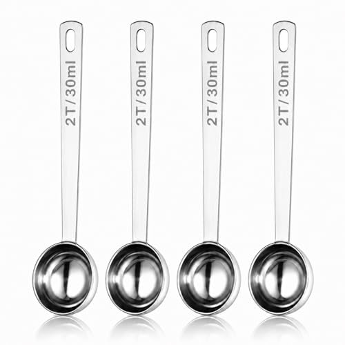 4 Pack Coffee Scoop Spoons, 2 Tbsp (30ml) Stainless Steel Measuring Spoons with Long Handle, Polished Round Metal Scoops for Ground Coffee, Protein Powder, Tea, Sugar and Baking - size: 2Tbsp/4pcs