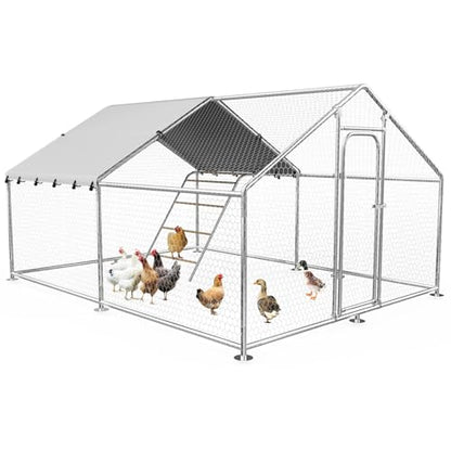 Large Metal Chicken Coop with Waterproof &UV-Resistant Cover&Perch,9.8' Lx 13.2' x 6.4' Chicken Run Outdoor Walk-in Cage Rabbit Duck Hen House for Yard Farm,Spire Roof - size: 158.4"L x 118.0"W x 78.0"H