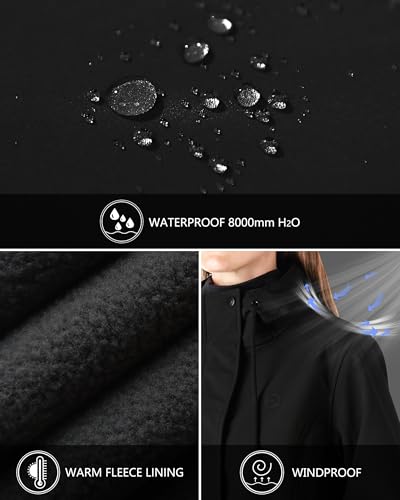 Outdoor Ventures Women's Lightweight Waterproof Fleece Lined Hooded Softshell Rain Jacket, Warm Windbreaker Long Coat - color: Black, size: Medium