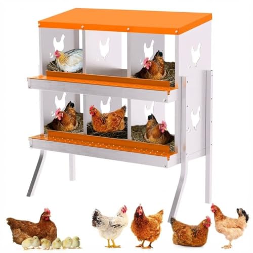 Chicken Nesting Box,6 Holes Galvanized Steel Metal Chicken Laying Box with Automatic Roll-Away Egg Collection System & Removable Tray,Wall Mount Nesting Boxes - color: Orange, size: 6 Holes with Legs