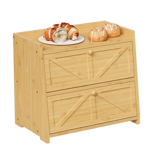 Trironsun Vintage Double Layer Bread Box for Kitchen Counter Bamboo Bread Storage Container Large Capacity Bread Storage Bin (Natural Bamboo) - color: Natural Bamboo