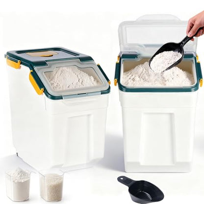 RUIAN 2Pcs Large Flour Storage Container Bin 25Lb Airtight Rice Storage Containers with Wheels Seal Locking Lid, BPA Free with Measuring Cup&Scoop for Flour, Rice, Grain(Blue) - color: Blue 2Pack 25Lb