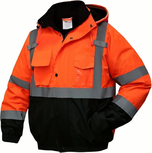 SKSAFETY High Visibility Reflective Jackets for Men, Waterproof Class 3 Safety Jacket with Pockets, Hi Vis Orange Coats with Black Bottom, Mens Work Construction Coats for Cold Weather, 6XL, 1 Pack - color: Orange, size: 6X-Large