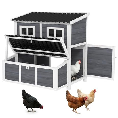 PawHut Wooden Chicken Coop, 39" Chicken House with Nesting Box, Pull-Out Tray, Waterproof Roof, Hen House Outdoor Poultry Cage for 2-4 Chickens, Rabbits, Small Animals, for Backyard, Light Gray