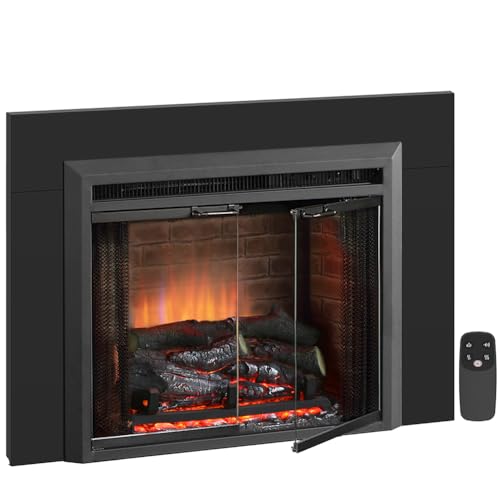 PuraFlame Klaus 23” Electric Fireplace Insert with Trim Kit, Fire Crackling Sound, Resin Log, Glass Door and Mesh Screen, 750/1500W Heater, Black - size: 23" with Trim