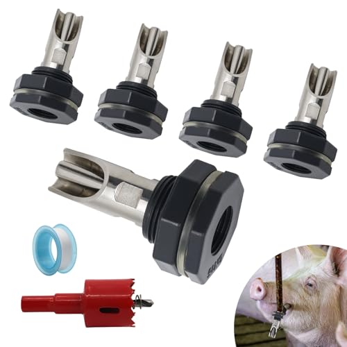 Pig Nipple Waterer for Barrel kit,Stainless Steel Automatic Pig Nipple Waterer, Hog Drinker Feeder with Water Tank Connector Kit,Hog Water Nipples for Pig Goat Waterer System (Silvery, 5 PCS)