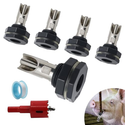 Pig Nipple Waterer for Barrel kit,Stainless Steel Automatic Pig Nipple Waterer, Hog Drinker Feeder with Water Tank Connector Kit,Hog Water Nipples for Pig Goat Waterer System (Silvery, 5 PCS)