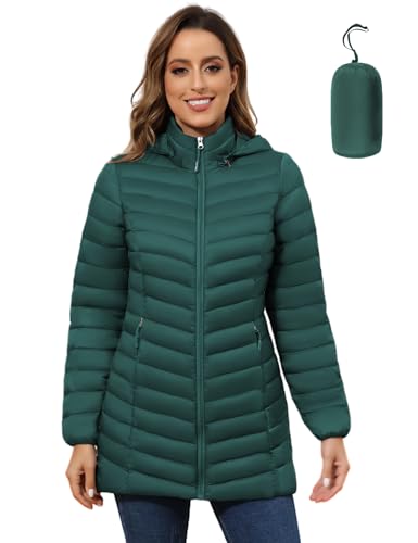 ROYAL MATRIX Women's Packable Puffer Jacket - Lightweight Winter Warm Long Quilted Puffer Coat with Detachable Hood - color: Deep Green, size: Medium