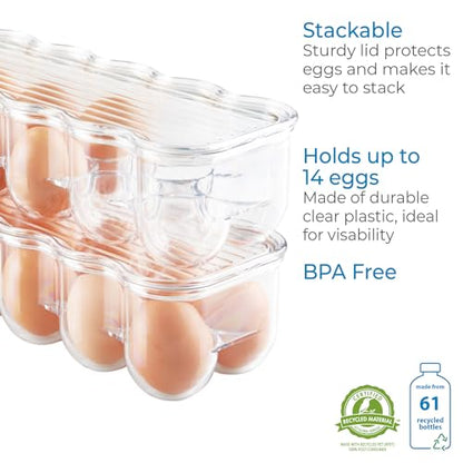 iDesign Plastic Egg Holder for Refrigerator with Handle and Lid, Fridge Storage Organizer for Kitchen, Holds up to 14, 4.25" x 14.5" x 3", Clear