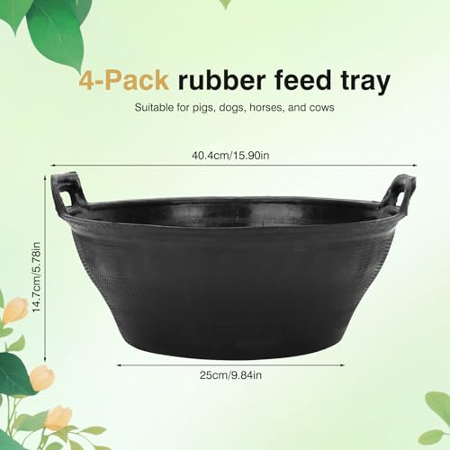 4Pcs Rubber Feed Pan, Horse Feed Bucket, Rubber Bowl Chicken Dust Bath Livestock Water Bowl for Pig Goat Chicken Dogs Farm Small Animal Garden DIY Building Farming