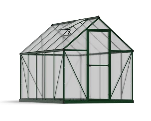 Canopia 6x10 Greenhouse Kit, Hobby Walk-In Twin-Wall UV Polycarbonate Heavy Duty Aluminum Frame, Lockable Door, Adjustable Roof Vent, Rain Gutters, Galvanized Steel Base, Mythos (Green) - color: Forest Green, size: 6 Ft. x 10 Ft.