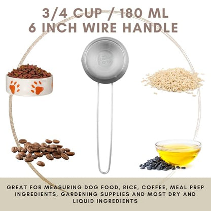 3/4 Cup Stainless Steel Measuring Cup, Long 6" Wire Loop Handle and Pour Spout | Sturdy Metal 177 ml | 177 cc | 6 oz | Single Cup for Wet and Dry Ingredients | Great for use as 3/4 Cup Dog Food Scoop - size: 3/4 Cup Long Handle