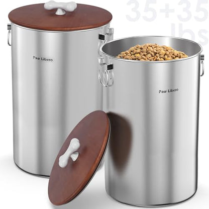Paw Libero 2PK 35 Lbs total 70Lbs Stainless Steel Dog Food Storage Container with Airtight Wooden Lid & Ceramic Bone Handle, Large Metal Dog Food Bin for Dogs & Cats, Keep Fresh, Easy to Clean - size: 35 lbs - 2pk