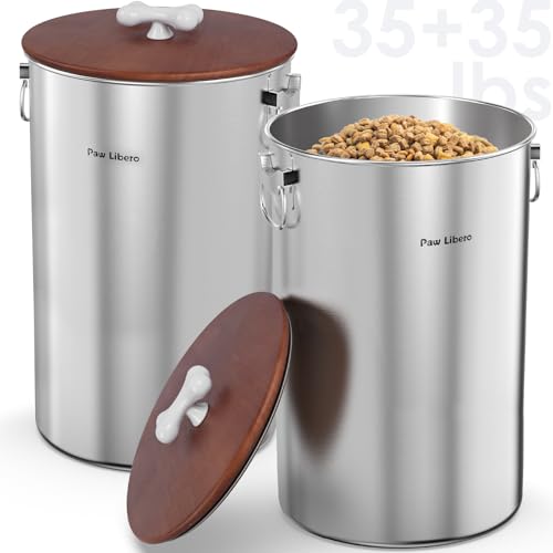 Paw Libero 2PK 35 Lbs total 70Lbs Stainless Steel Dog Food Storage Container with Airtight Wooden Lid & Ceramic Bone Handle, Large Metal Dog Food Bin for Dogs & Cats, Keep Fresh, Easy to Clean - size: 35 lbs - 2pk