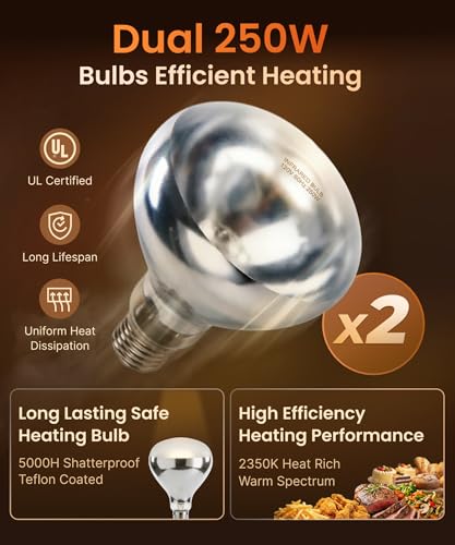 Heat Lamp for Food 500W Teflon-Coated Bulbs Food Heat Lamp for Fast and Even Heating Commercial Food Warmer with 5 Adjustable Height Lamp Stand for Home Restaurant Buffet Bakery Silver | Fast and Even Heating Commercial Food Warmer with 5 Adjustable Heigh