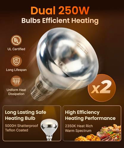 Heat Lamp for Food 500W Teflon-Coated Bulbs Food Heat Lamp for Fast and Even Heating Commercial Food Warmer with 5 Adjustable Height Lamp Stand for Home Restaurant Buffet Bakery Silver | Fast and Even Heating Commercial Food Warmer with 5 Adjustable Heigh