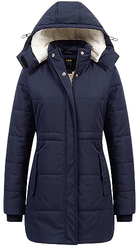 CREATMO US Women's Thicken Sherpa Winter Coat Puffy Warm Snow Jacket With Removable Hood - color: Navy Blue, size: Small