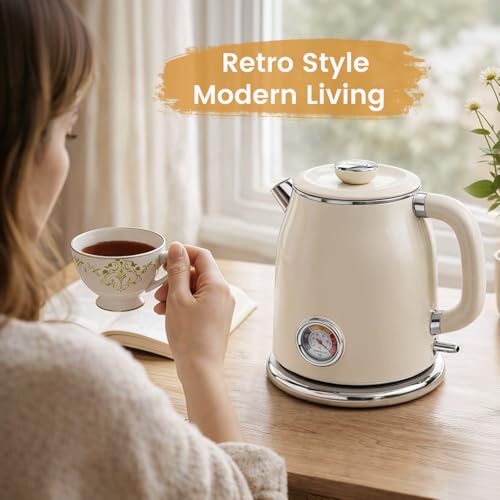 Mecity Retro Electric Kettle 1.7L, Stainless Steel Interior, Food-Grade Silicone Water Contact, Double Wall Cool Touch, 1500W Fast Boil, Thermometer (°F/°C), Wide Opening, Cream - color: Cream