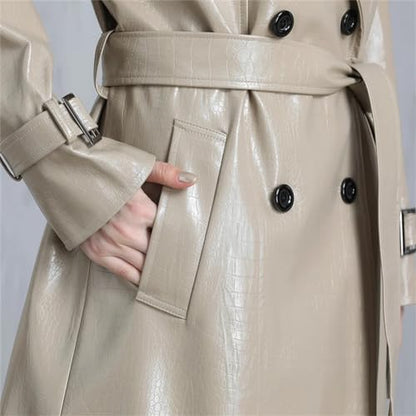 Adhdyuud Women Long Shiny Reflective Pattern Leather Coat Autumn Adjustable Belt Belt Jacket EN8 M