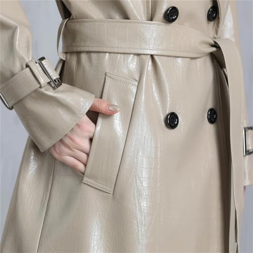 Adhdyuud Women Long Shiny Reflective Pattern Leather Coat Autumn Adjustable Belt Belt Jacket Black S