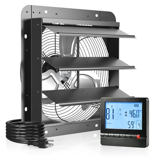 Amico 14 Inch Shutter Exhaust Fan with Thermostat And Humidity Control, 1588 CFM Attic Fan with 8-Speed Auto Adjust, 35W Brushless EC Motor Vent Fan for Greenhouse, Garage,Chicken Coop,Gable Wall Vent - size: 14 inch