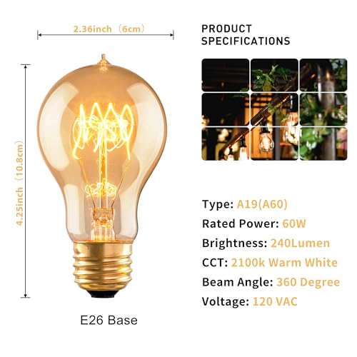 Warm Incandescent Light Bulbs 60 Watt,A19/A60 Vintage Style Edison Bulbs E26,Soft Yellow Light Bulbs,Amber Bulbs,Retro Light Bulb Old Fashioned,Halogen Dimmable Edison Bulb Squirrel Cage - size: 6 Count (Pack of 1)