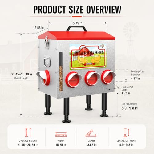 50LBS Metal Chicken Feeder Dispenser with Lid, Adjustable Legs, 8 Feeding Ports, No-Waste & Rodent-Proof Design, Visual Feed Level Indicator, Durable Outdoor Poultry Feeder for Chickens, and Geese