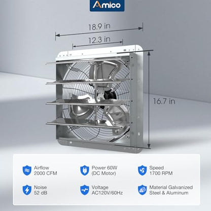 Amico 16 Inch Shutter Exhaust Fan with Remote, 60W Energy Efficient EC Motor, 2000 CFM Quiet Wall Mount Ventilation Fan for Garage, Greenhouse, Attic & Shed, 9-Speed Adjustable, 1-8H Timer, Plug In - size: 16 Inch