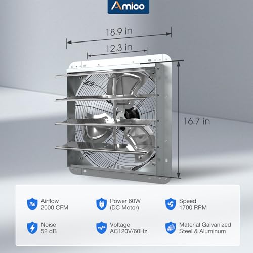 Amico 16 Inch Shutter Exhaust Fan with Remote, 60W Energy Efficient EC Motor, 2000 CFM Quiet Wall Mount Ventilation Fan for Garage, Greenhouse, Attic & Shed, 9-Speed Adjustable, 1-8H Timer, Plug In - size: 16 Inch