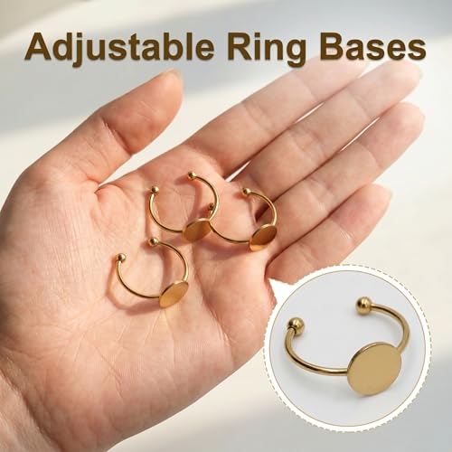 45 Pcs Adjustable Ring Blanks Stainless Steel, Flat Pad Tray Ring Base for DIY Jewelry Making, Open Band Fit Most Sizes, Durable Craft Findings Set for Resin Cabochon Gem Settings Gold Silver