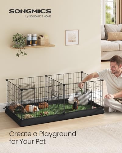 SONGMICS Guinea Pig Cages, Metal Grid Small Animal Playpen with Waterproof Washable Liner, 2 Separate Spaces for Rabbits, Ferrets, Bunnies, Hedgehogs，48.4 x 24.8 x 18.1 Inches, Black ULPI07H - color: Black, size: 48.4"L x 24.8"W x 18.1"H, style: 7 Panels