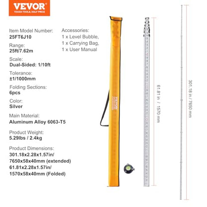VEVOR Aluminum Grade Rod, 25-Feet/10ths 6 Sections Telescopic Measuring Rod,Double-Sided Scale 1/10ft Leveling Rod Stick,Aluminum Alloy Survey Rod w/Bubble Level &Carrying Bag for Houses,Walls,Floors - size: 25 FT-10ths